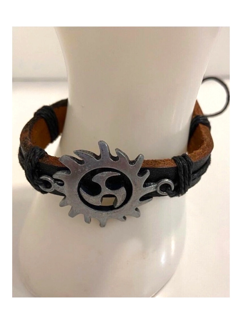 Handmade Leather & Cord Bracelet With Metal Tribal Sun Pendant Adjustable F